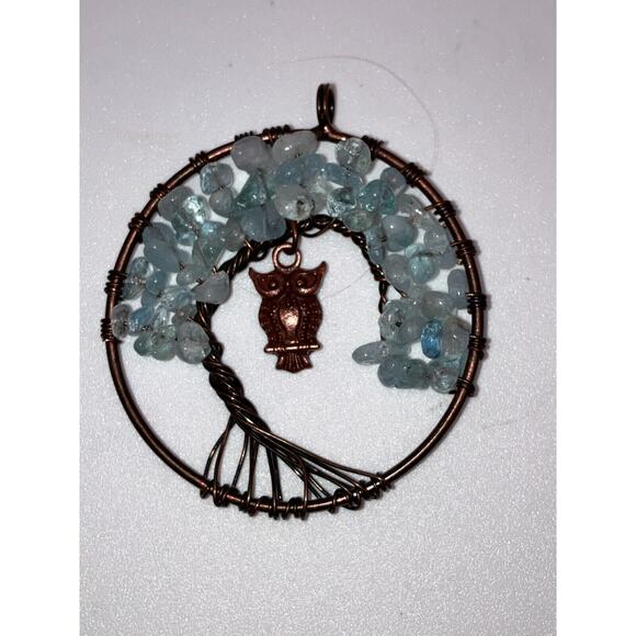 Natural Fluorite Chips Tree of Life Chakra Copper Owl 2 1/8" Pendant! - Picture 3 of 5